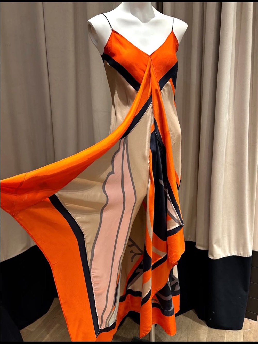 Diane Von Furstenberg Orange, Beige & Black Printed Maxi Slip Dress